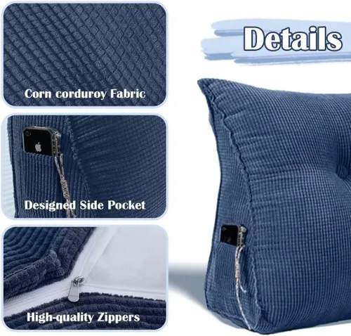 Vista 3 de Almohada triangular de cuña tamaño individual XL con un bolsillo lateral, cojín grande para cabecero, respaldo, almohadas de cuña con funda Gris