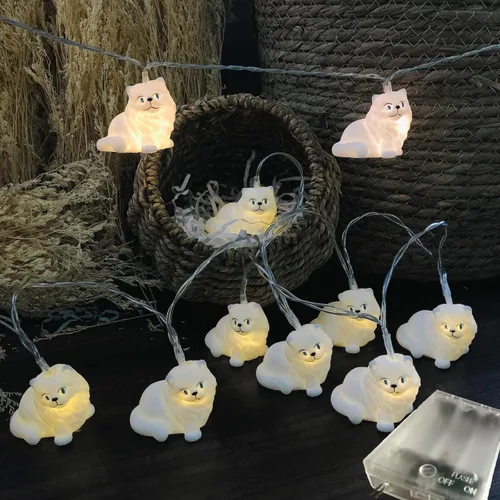 Vista 12 de Guirnalda de luces blancas de gato persa alimentadas por USB, lindo adorno de animales, luces LED de hadas para fiesta de Halloween, dormitorio Gato
