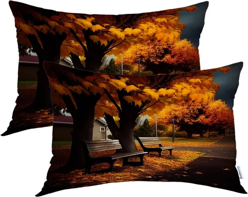 Vista 15 de Batmerry Fundas de almohada de bosque de arce otoñal, casas de sillas de madera, hojas amarillas, fundas de almohada decorativas, impresión digital