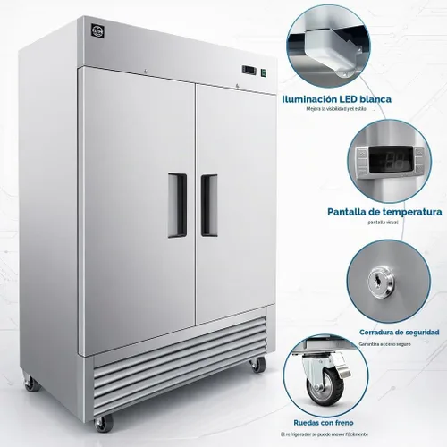 Vista 4 de Congelador comercial de 2 puertas con alcance vertical sólido en dos secciones de acero inoxidable certificado NSF 54 pulgadas de ancho, capacidad