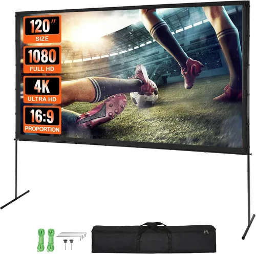 Vista 13 de VEVOR Pantalla de proyector con soporte, pantalla de proyección gran angular de 80 pulgadas y 160° para interiores y exteriores, 16:9 4K HD sin