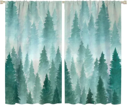Vista 34 de BAEKJIN Cortinas verdes de bosque brumoso, acuarela, naturaleza, paisaje, plantas, árbol, bolsillo para barra, opacas, tratamiento de ventana
