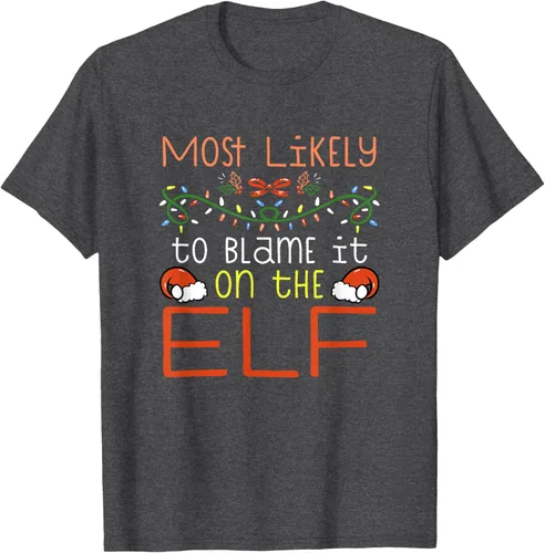 Vista 29 de Camiseta de Navidad familiar a juego con la frase "Most Likely To Blame It On The Elf" Negro