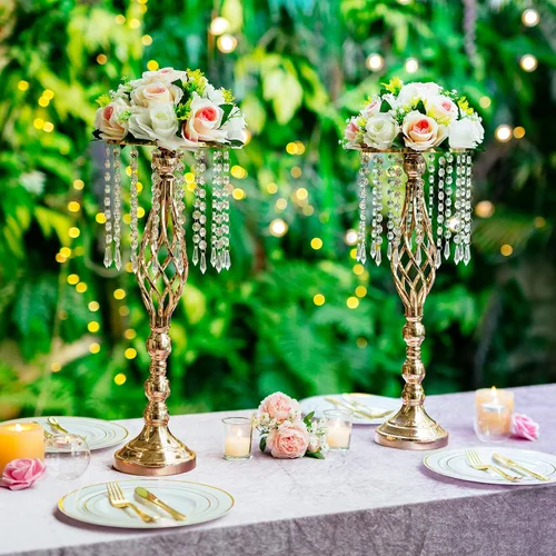 Vista 8 de Sziqiqi - Centro de mesa elevado floral dorado para mesa de boda de 21.7 pulgadas de altura con centros de mesa de flores de cristal y cuentas