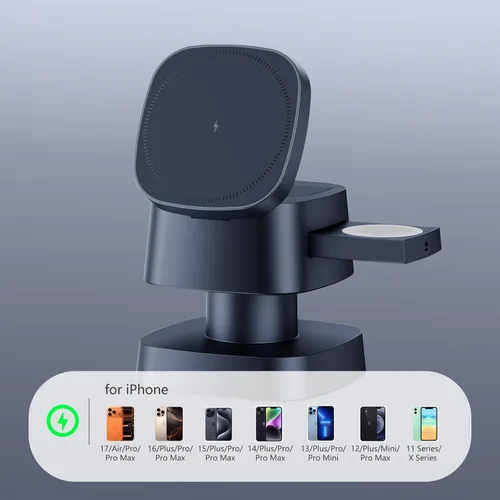 Vista 4 de 【Actualizado 2026】Cargador inalámbrico 4 en 1, estación de carga inalámbrica 3 en 1 con luz nocturna para cargador MagSafe, soporte de viaje Gris
