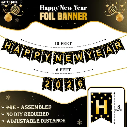 Vista 2 de KatchOn, Banner de Feliz Año Nuevo 2026 - Sin bricolaje, 10 pies Telón de fondo de Feliz Año Nuevo para suministros de fiesta de Nochevieja