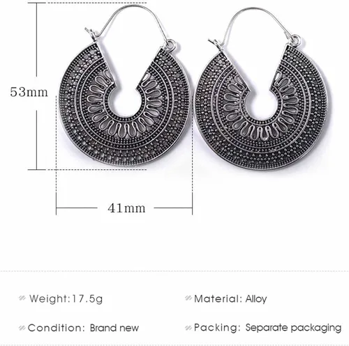Vista 5 de YienDoo Aretes colgantes bohemios grandes de filigrana festoneados, estilo vintage, tribal, étnico, huecos, tallados, plateados, geométricos