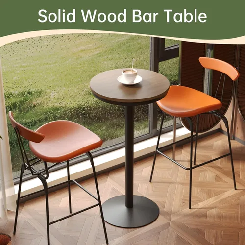 Vista 3 de Mesa de bar redonda de 42 pulgadas de altura con parte superior de madera maciza y base de metal resistente, mesa de pub industrial rústica