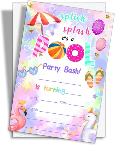 Vista 14 de Invitaciones de fiesta de cumpleaños con neón y brillo, 20 unidades. Invitaciones temáticas de cumpleaños "Let's Glow Crazy" con sobres - HBYQK-B02