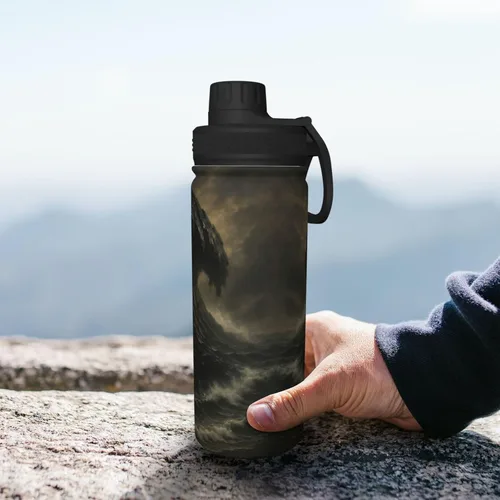 Vista 8 de Botella de agua aislada con estampado de tsunami de obsidiana, de acero inoxidable de 18 onzas, divertida taza de viaje, a prueba de fugas