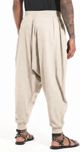 Vista 3 de perdontoo Pantalones harén para hombre, ajuste holgado, cintura elástica, cordón ajustable, pantalones hippie Aladdin beige