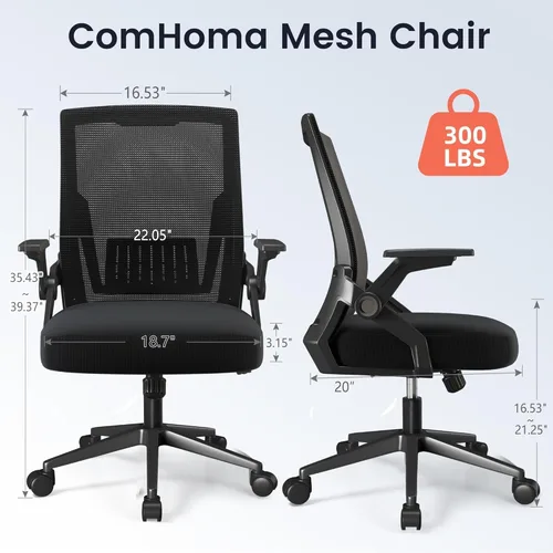 Vista 3 de COMHOMA Office Chair with Flip-up Armrests Ergonomic Computer Desk Chair with Adaptive Lumbar Support & Breathable Mesh, Black, Pack of 2