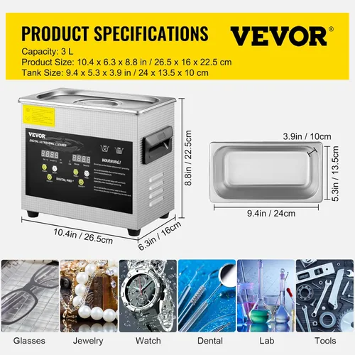 Vista 7 de VEVOR - Limpiador ultrasónico digital profesional para piezas de laboratorio, limpiador con calentador y temporizador para joyas y gafas, 3L