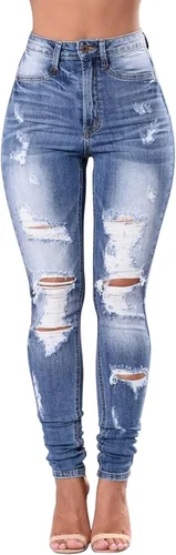 Vista 44 de KUNMI - Pantalones de mezclilla clásicos de cintura alta para mujer, elásticos, con efecto de levantamiento de glúteos, ajustados
