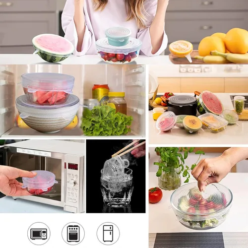 Vista 7 de 12 tapas elásticas rectangulares de silicona para almacenamiento de alimentos, 6 tamaños Reusable Adjustable Leftover Stretch Dish Lids, Airtight