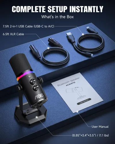 Vista 8 de AOC Micrófono dinámico USB/XLR para juegos de PC, podcast y grabación, micrófono RGB de modo dual y equipo vocal de transmisión con soporte