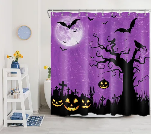 Vista 10 de LB Halloween Shower Curtain Horror Pumpkin Lights with Dead Tree Bat Crow on Blue Background Bathroom Shower Curtain Full Moon Bathroom Decor with