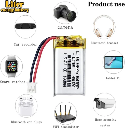 Vista 5 de Litro 3.7V 180mAh 401730 Lipo batería recargable de iones de litio con conector JST 0.079 in