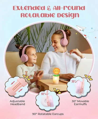 Vista 4 de DyBaxa Auriculares para niños, auriculares plegables con cable para niños, limitador de volumen de 94 dB, auriculares para niños para clases