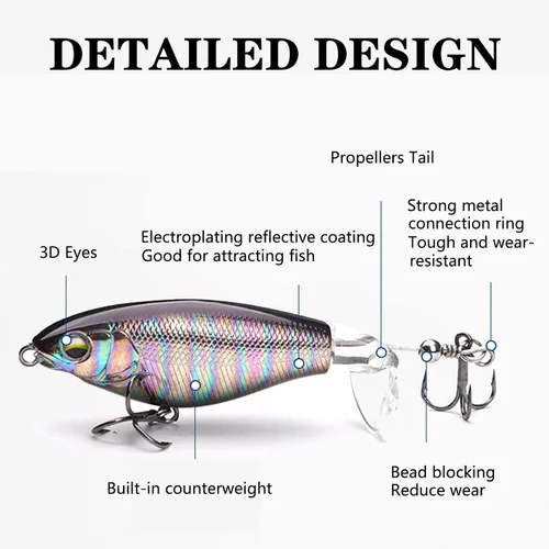 Vista 3 de Topwater - Señuelos de pesca para lubina, señuelos Whopper Popper con ojos 3D realistas y colas giratorias para agua dulce y salada, juego de 5