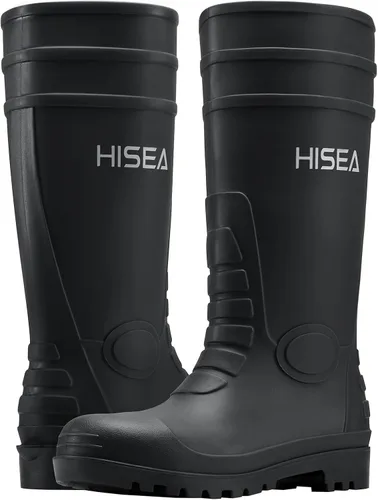 Vista 3 de HISEA Botas de lluvia para hombre con vástago de acero, calzado protector de goma impermeable, botas de lluvia de PVC sin costuras, botas de trabajo