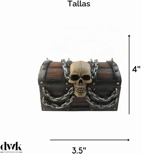 Vista 5 de DWK Cofre del tesoro del terror con calaveras y cadenas, caja de baratijas de cofre de pirata de 6 pulgadas.