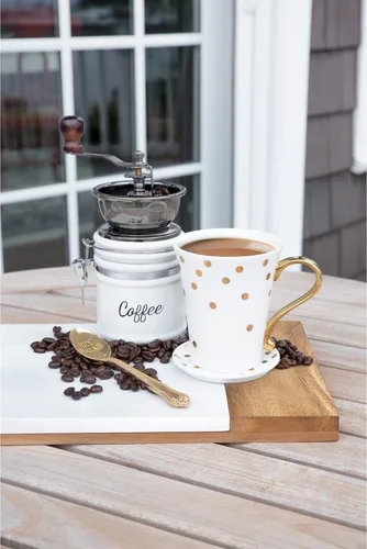Vista 4 de Twine Molinillo de café vintage de mano, diseño manual ajustable con mango de madera y tarro de cerámica blanca, juego de 1
