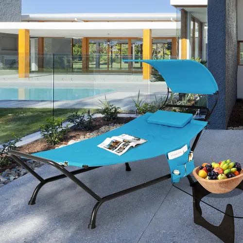 Vista 2 de Tangkula Hamaca con soporte incluido, hamaca resistente para exteriores con toldo ajustable, soporte de metal a prueba de óxido, almohada, bolsillo