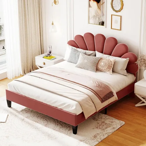 Vista 3 de Base de cama tapizada Queen con cabecero, cama moderna de plataforma de terciopelo con patrón de flores, soporte de listones de madera, tamaño rojo