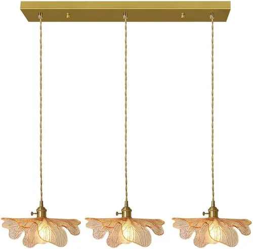 Vista 13 de Lámpara colgante colgante de 1 luz, lámparas colgantes de latón dorado, pantalla de vidrio de flores verdes, iluminación colgante moderna
