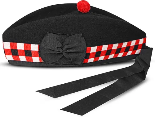 Vista 19 de Gorra Glengarry - Sombrero escocés tradicional, 100% lana, lana acrílica tartán, accesorios para kilts/gaitas, cinta de algodón de poliéster Negro