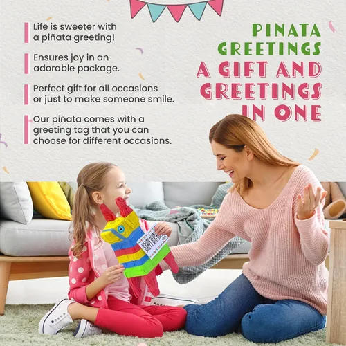 Vista 4 de Bonita piñata de burro de 12 pulgadas prerellena con cantidades variadas de caramelos populares y etiqueta de mensaje adjunta para amigos, familia