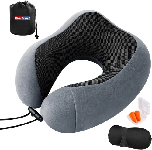 Vista 9 de Almohada de avión, almohada de cuello de viaje con espuma viscoelástica, hebilla ajustable y funda lavable a máquina para soporte de cuello