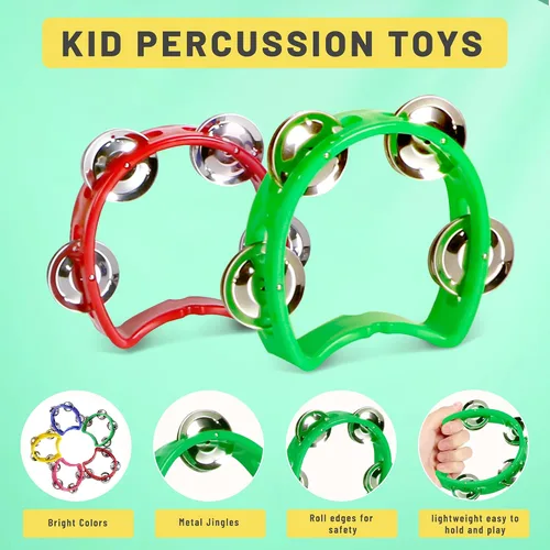 Vista 5 de Pandereta para niños, 2 unidades, instrumentos musicales para niños pequeños a partir de 3 años con 4 jingles de metal, certificado ASTM, no tóxico