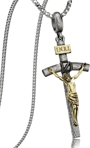 Vista 10 de Collar de crucifijo católico para hombres y mujeres, collar de cruz de plata antigua/oro/plata con exquisito colgante de Jesús, cadena de acero