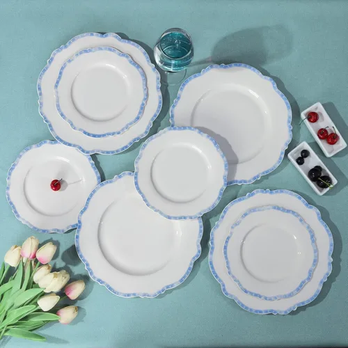 Vista 5 de fanquare - Juego de 4 vajilla de porcelana azul costera simple de 11 pulgadas Platos festoneados para comidas diarias, fiestas, banquetes, aptos
