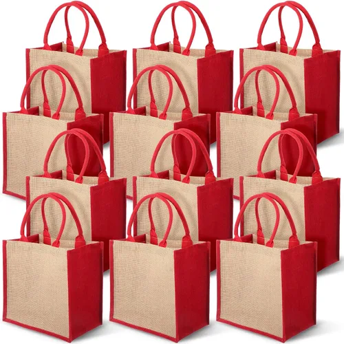 Vista 10 de Saintrygo - 12 bolsas de arpillera con asa reutilizables, yute y negro Lienzo en blanco perfecto para bricolaje, asas resistentes, tela
