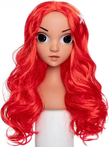 Vista 2 de Funna Peluca de sirena para disfraz de princesa con horquilla de estrella de mar para Halloween, cosplay, color rojo