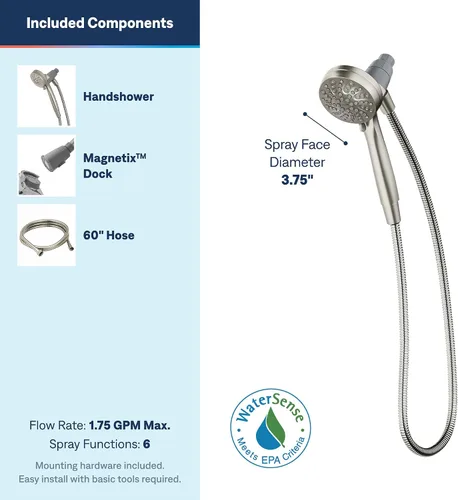 Vista 3 de Ducha Moen, de mano magnética con cabezal rociador de seis funciones y sistema de acoplamiento Eco-Performance, 26100EPSRN color fantasía