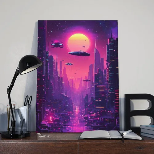 Vista 8 de XAHOR Impresión de ciudad de neón estilo años 80 – Arte de pared retro futurismo para oficina, estudio, dormitorio, lienzo decorativo para pared