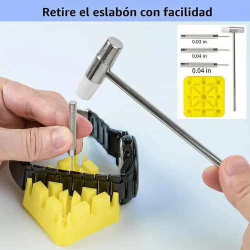 Vista 6 de Kit de reparación de reloj + prensa de reloj, juego de pines de eslabones de correa de reloj con funda de transporte, kit de herramientas