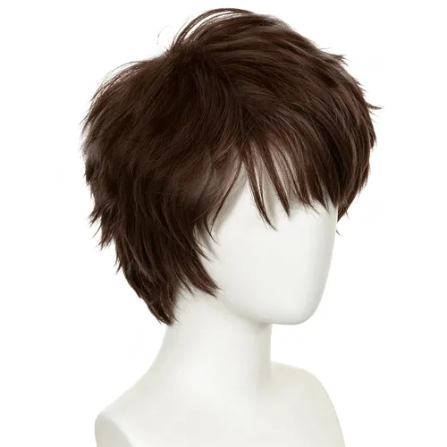 Vista 3 de Peluca corta marrón oscuro para hombre, peluca de anime marrón