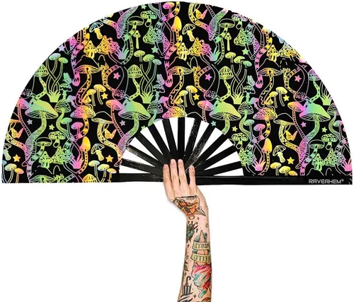 Vista 6 de Ventilador de mano plegable de bambú holográfico con funda para hombresmujeres, ventilador de mano para EDM, festival de música, club, extraño