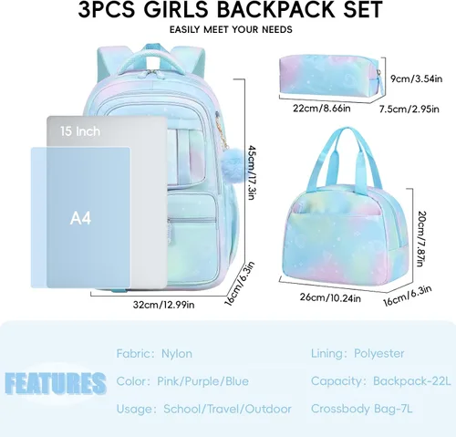 Vista 5 de Tanou Mochila con lonchera para niñas, juego de mochila escolar kawaii para niños de escuela primaria, bolsa estética para computadora portátil