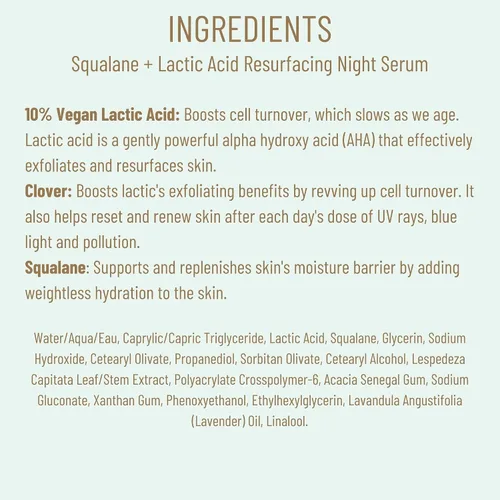 Vista 8 de Biossance Squalane + suero de noche rejuvenecedor con ácido láctico, 10% vegano, suero facial de ácido láctico para textura de la piel y líneas
