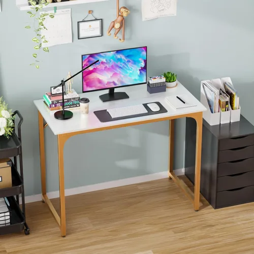 Vista 38 de PayLessHere Escritorio para computadora de 32 pulgadas Negro Escritorio de oficina con marco de metal, pies ajustables Superficie resistente