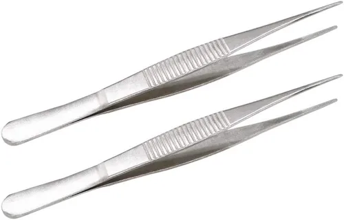 Vista 5 de Pinzas de acero inoxidable de 5 pulgadas con punta dentada recta, pinzas multiusos para reparación de manualidades, paquete de 2