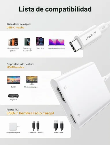 Vista 7 de JSAUX Adaptador USB C a AV digital, 2 en 1 USB C a HDMI 4K a 30Hz y carga de 100 W compatible con iPhone 17 Pro Max/Air/16 Pro Max/16/15 Pro Max/15