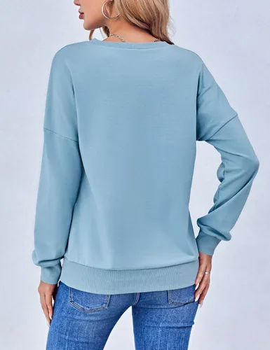 Vista 4 de Sudaderas con cuello en V para mujer, sin capucha, de manga larga, ligeras, modernas, para otoño, primavera, básicas