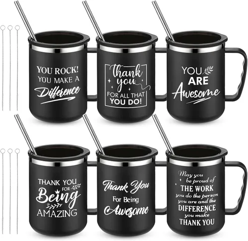 Vista 8 de Sumind Regalo de agradecimiento a los empleados, tazas de café de acero inoxidable de 17 onzas con asa, tapa y popote para Slp, graduación, Negro